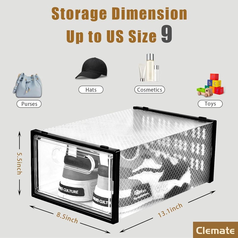 Clemate 15 Pack Shoe Storage Boxes, Clear Plastic Stackable Shoe Organizer for Closet, Shoe Box with Magnetic Door, Foldable Shoe Storage Bin, Sneaker Storage Box Shoe Rack Container Holder, Size 9 - Image 2